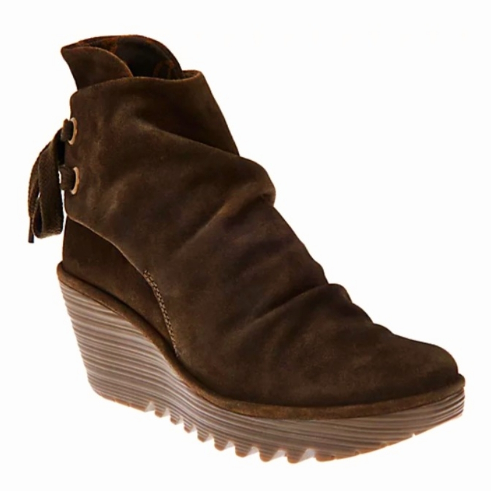 Fly London Yama Brown Suede Ruched Wedge  Ankle Boot Size 38 7.5 8